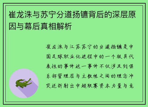 崔龙洙与苏宁分道扬镳背后的深层原因与幕后真相解析
