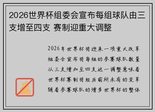 2026世界杯组委会宣布每组球队由三支增至四支 赛制迎重大调整 2026世界杯组委会宣布每组球队由三支增至四支 赛制迎重大调整