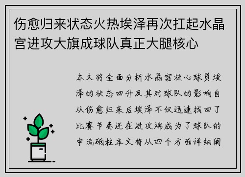 伤愈归来状态火热埃泽再次扛起水晶宫进攻大旗成球队真正大腿核心 伤愈归来状态火热埃泽再次扛起水晶宫进攻大旗成球队真正大腿核心
