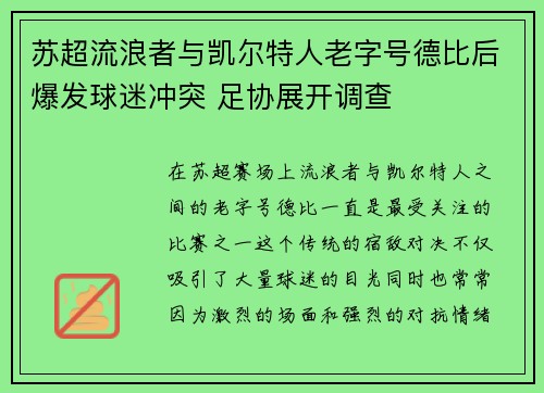 苏超流浪者与凯尔特人老字号德比后爆发球迷冲突 足协展开调查 苏超流浪者与凯尔特人老字号德比后爆发球迷冲突 足协展开调查
